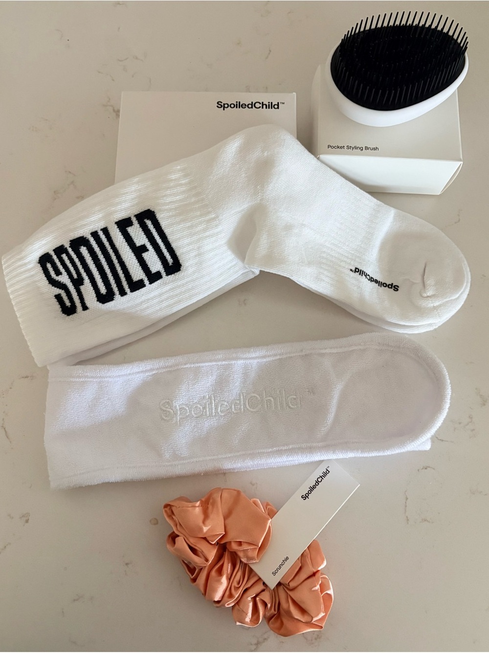Spoiled Child White Socks, Hair Band, Pocket Brush, and Hair Scrunchie Set NWT